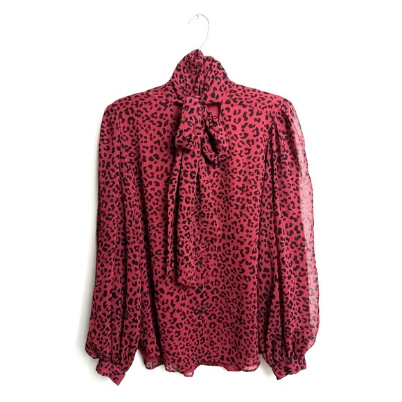 Chicos Women's Red and Black Balloon sleeve Animal Print Vneck blouse Large - Picture 3 of 10